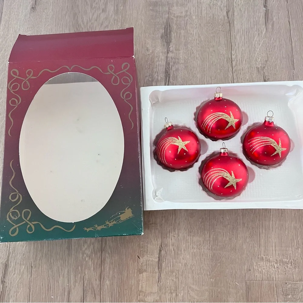 Vintage 4 PCs Hand Blown Hand Decorated Ornaments - Red With Gold Shooting Stars